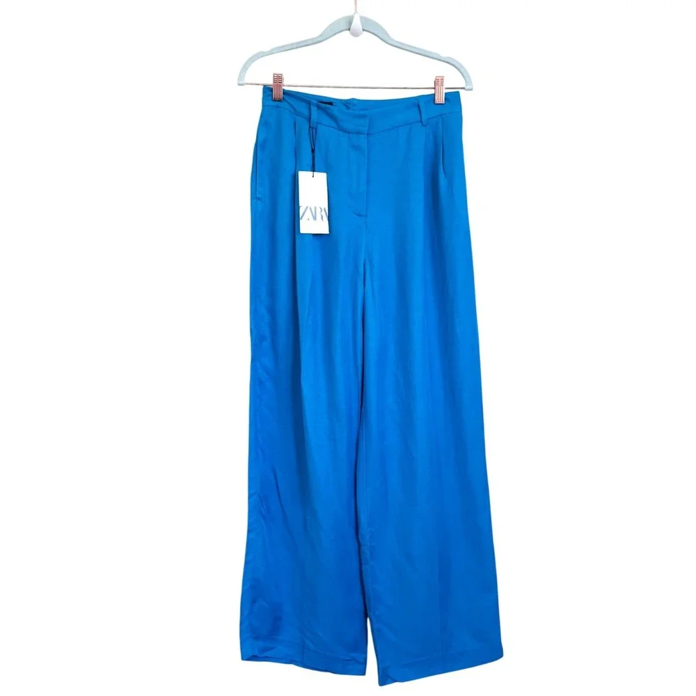 Zara Womens Wide Leg Flowy Linen Blend Pants Size S Aqua Blue‎ High Rise Pleated